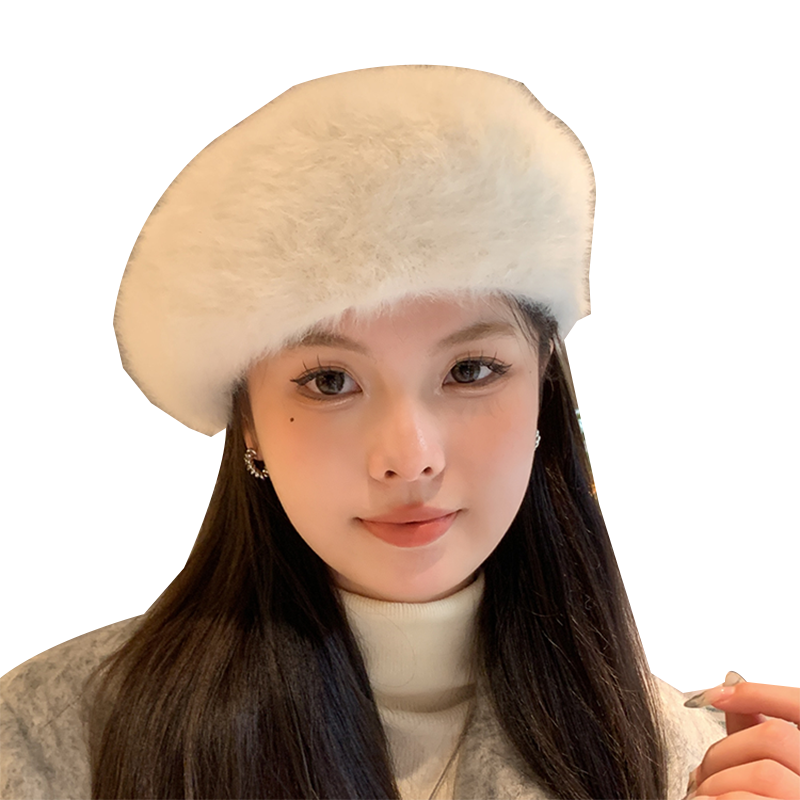 白色兔毛贝雷帽女百搭毛绒