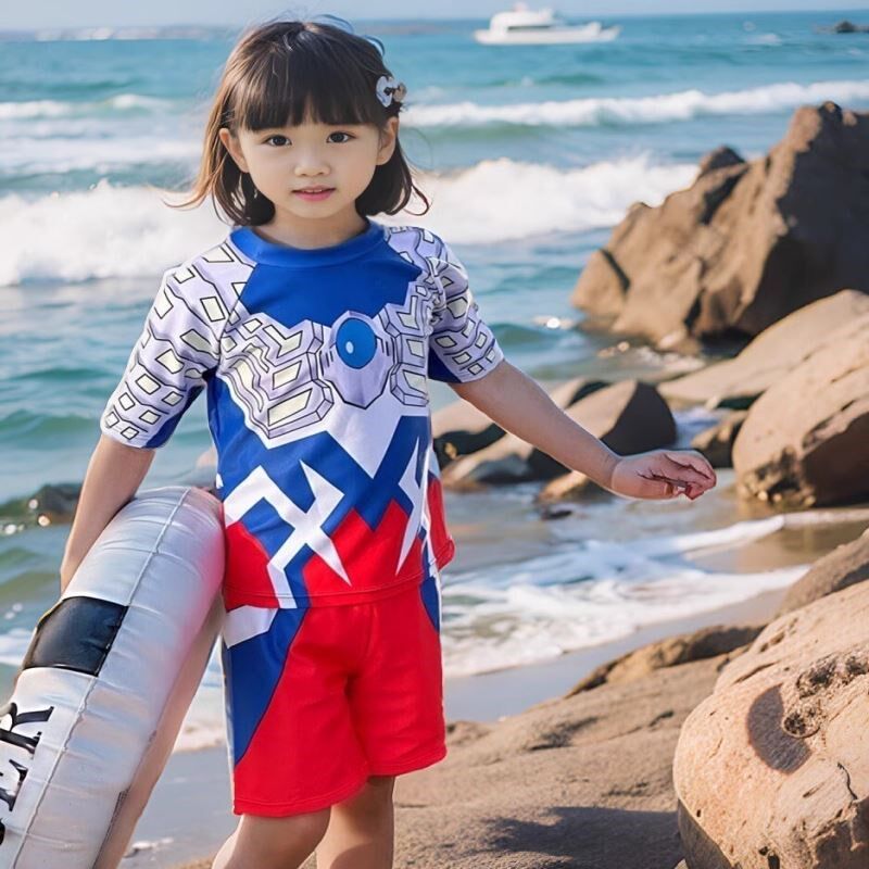 女童赛罗奥特曼分体泳衣短袖套装男童宝宝洋气款冰丝速干训练泳装