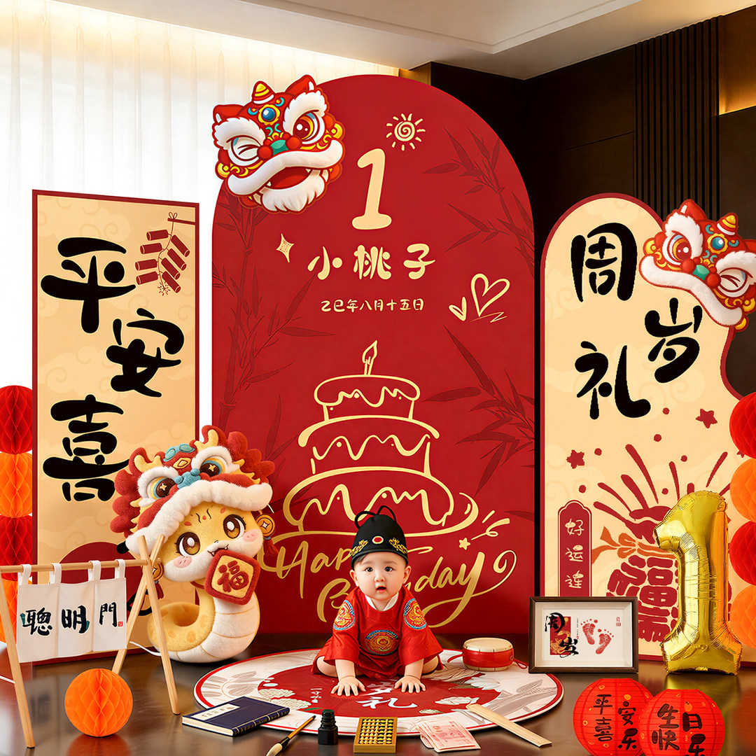 蛇宝宝周岁宴生日场景布置新中式拍照道具抓周用品仪式氛围感KT板