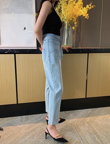 marie claire牛仔法国嘉人服饰浅色洗水复古萝卜裤腰带牛仔裤正品