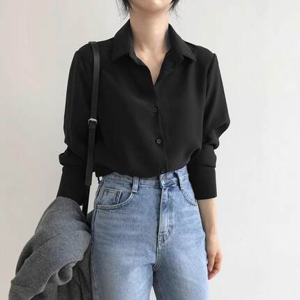 法式简约通勤黑色衬衫女长袖2024春秋新款免烫衬衣高级感抗皱上衣