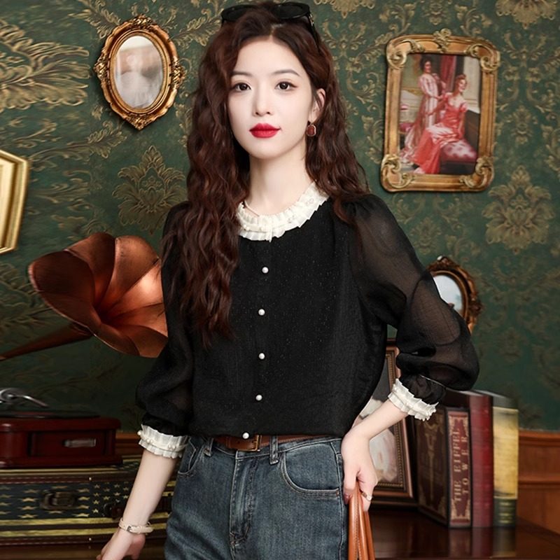 欧货长袖蕾丝衬衫女春夏秋季2025年新款爆款秋款小衫短袖雪纺上衣