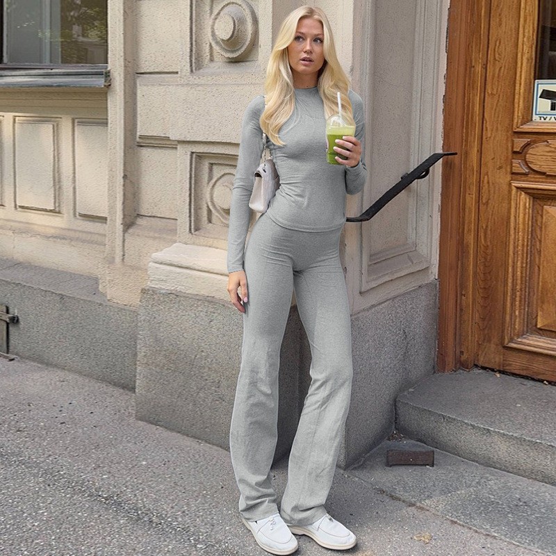 高腰微喇长裤纯色套装