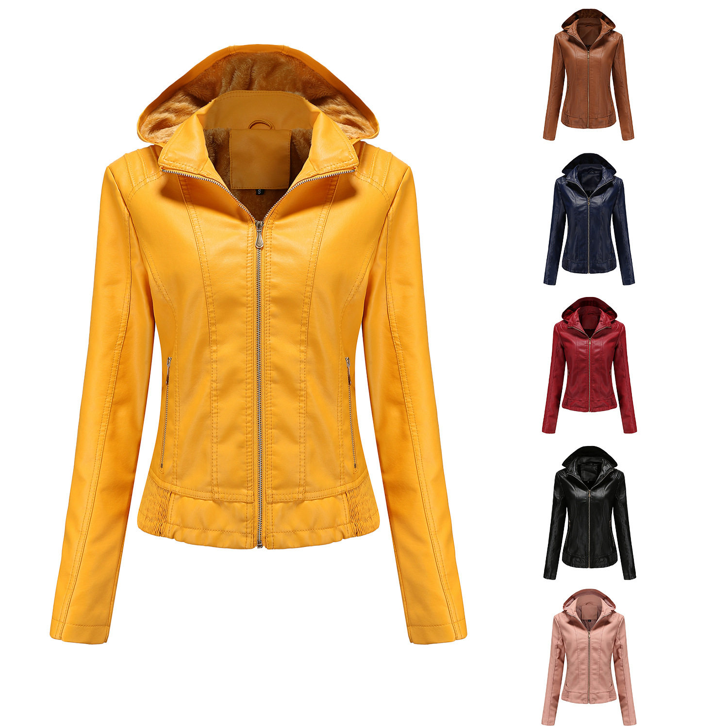 Zipper long sleeved plush leather jacket拉链长袖加绒皮夹克女