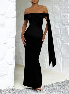 One shoulder sexy slit ribbon long skirt一字肩开叉飘带长裙女