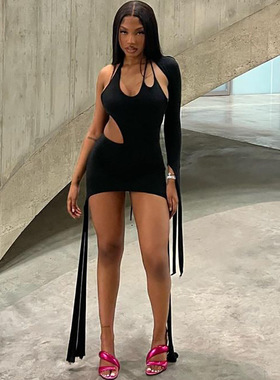 solid color lace-up one-shoulder dress女装纯色系带单肩连衣裙