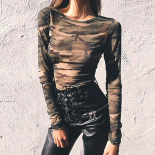 Camouflage Long Sleeve T-shirt with Mesh Top 网纱上衣长袖t恤