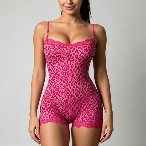 leopard print bodysuit欧美豹纹连体衣蕾丝吊带收腰平角连体裤女