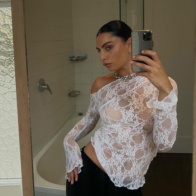 斜肩透视长袖性感上衣女