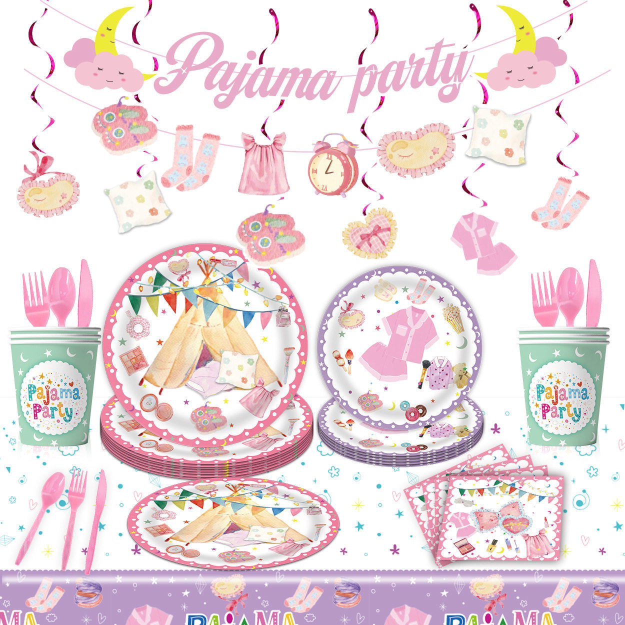 睡衣主题餐具生日派对装饰pajama party横幅蛋糕插排纸盘纸杯桌布,节庆用品/礼品,节庆布艺用品,淘宝优惠券,粉丝福利购,淘宝优惠卷