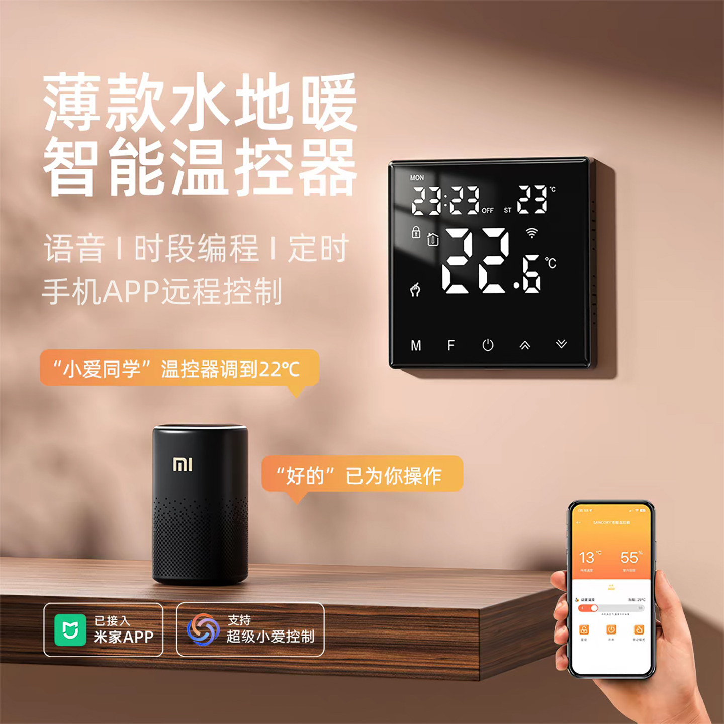 已接入米家APP水地暖超薄款手机远程分室控制市政集中供暖温控器