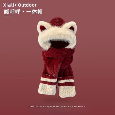 新款加绒小熊帽子围巾手套一体连帽女秋冬可爱保暖毛绒三件套防寒