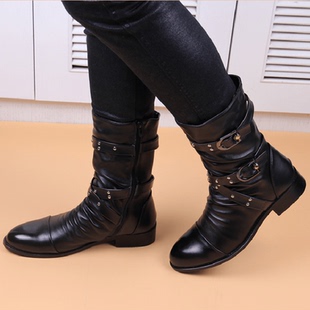 秋冬季时尚尖头皮靴高帮英伦马丁靴中筒韩版皮鞋潮流百搭长筒男靴