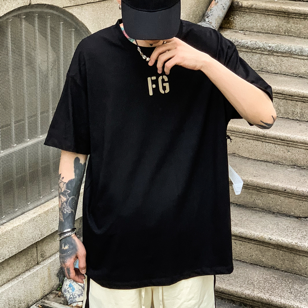 21ss fear of god fog第七季fg主线富贵fg字母植绒印花短袖t恤男t