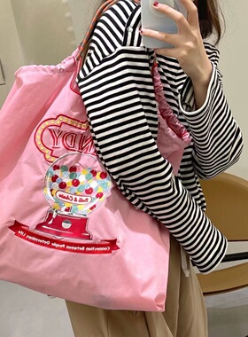 日系ball chain大容量帆布手拎包牛津布袋刺绣尼龙购物袋手提单肩