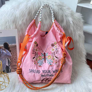 日系新款 chain休闲刺绣购物袋蝴蝶花单肩斜跨手提包大容量包 ball