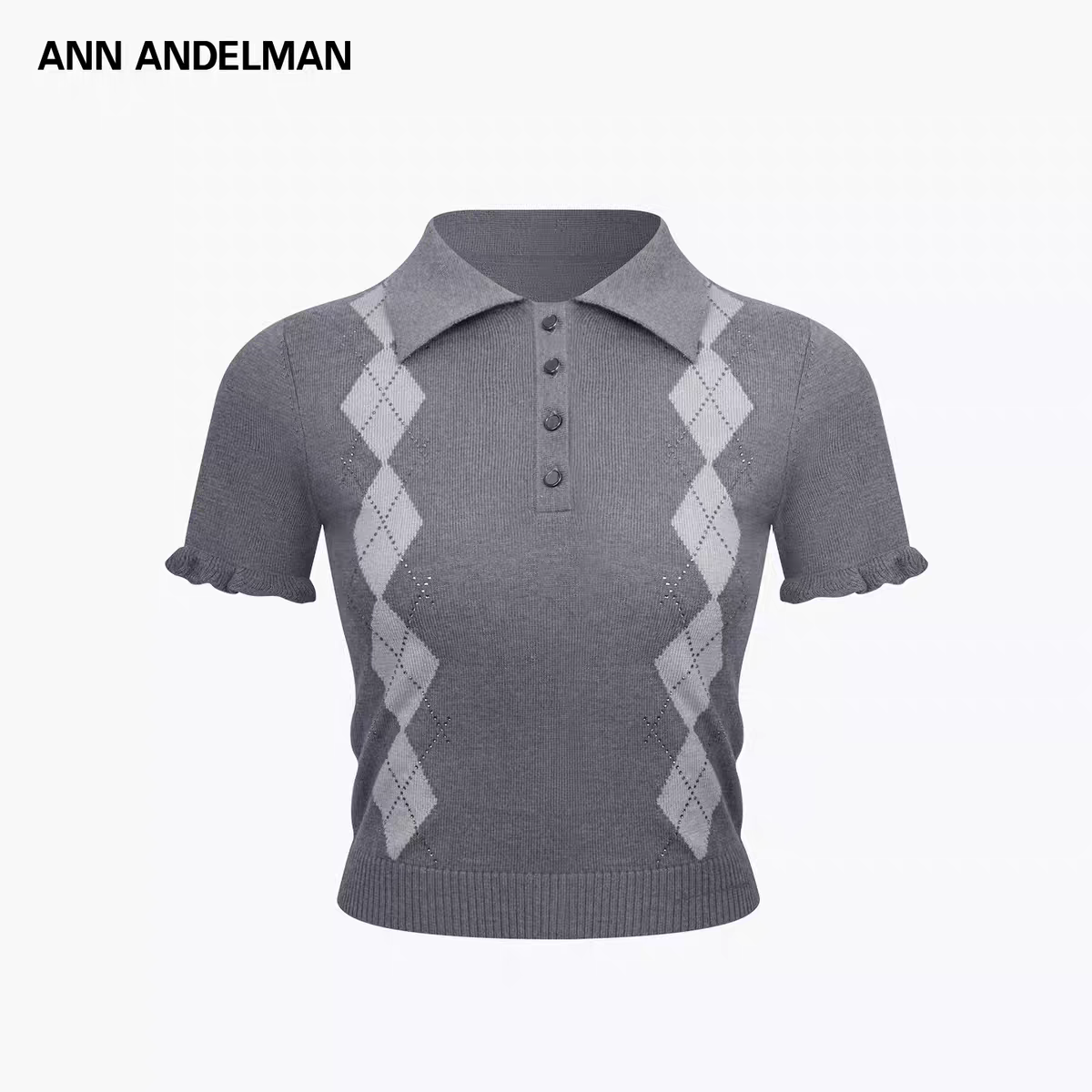 ANNANDELMAN菱形格子烫钻针织polo衫上衣翻领纽扣荷叶边短袖