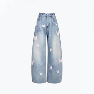 绣花蝴蝶水洗休闲弯刀裤 ANDELMAN蓝色阔腿牛仔裤 ANN 张含韵同款