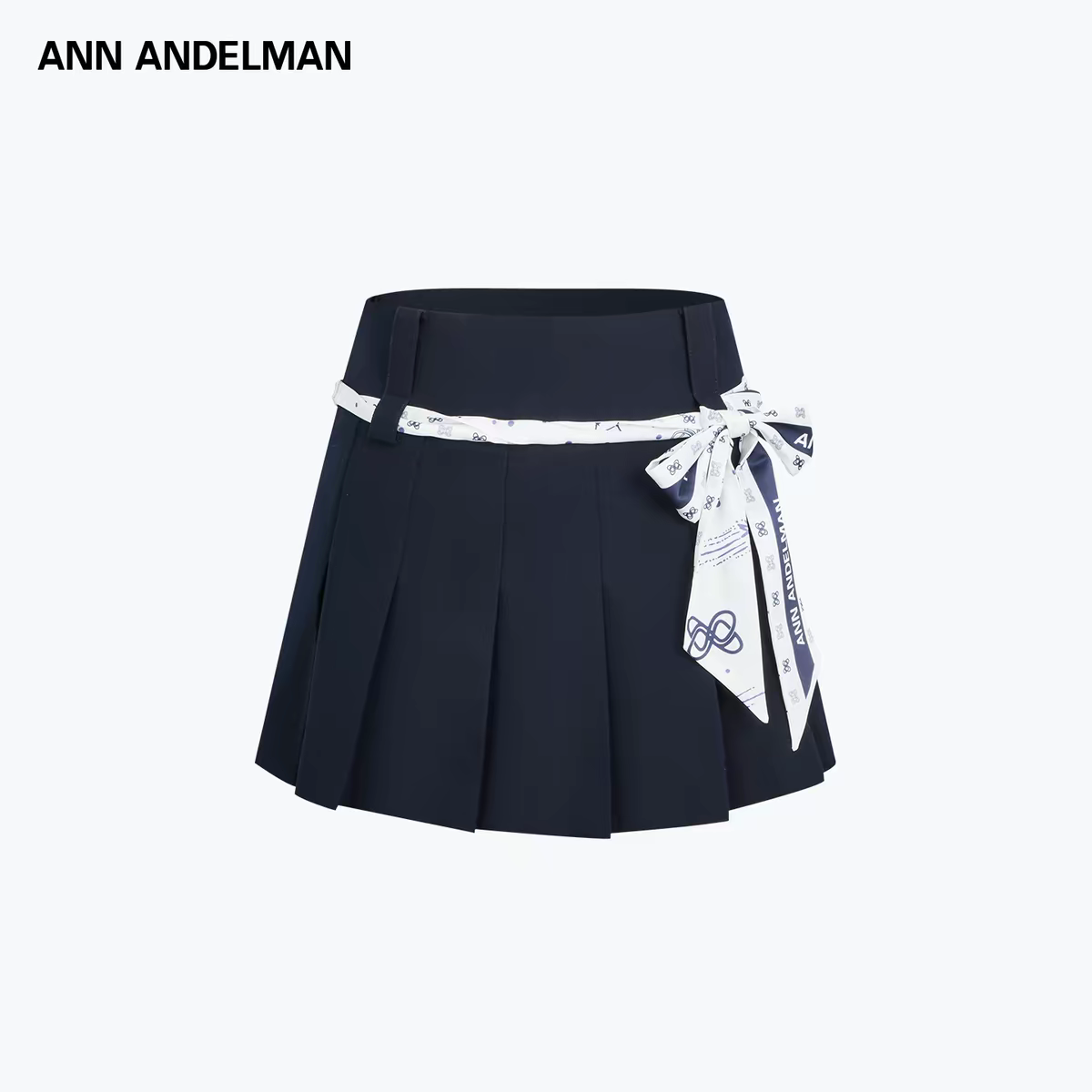 ANN ANDELMAN丝巾绑带百褶裙藏蓝色白色蝴蝶结半身裙2026夏季新款