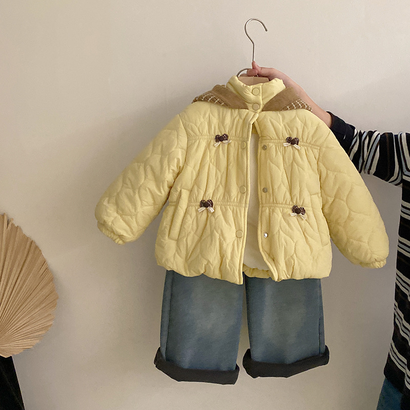 韩版女童冬季新款加绒连帽棉服外套2025加绒休闲宽松牛仔裤