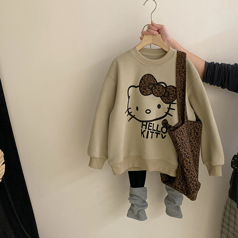 女童2025秋韩系童装卡通小猫卫衣加绒打底衫上衣百搭打底裤