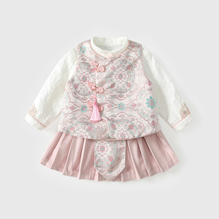 衣服新中式 女宝宝秋季 裙子马甲上衣三件套抓周 2025新款 女童秋装