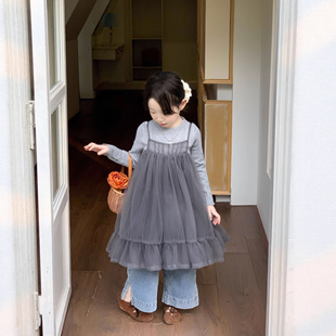 童套装2025春季新款女童打底衫吊带纱裙牛仔裤三件套女宝韩版套装