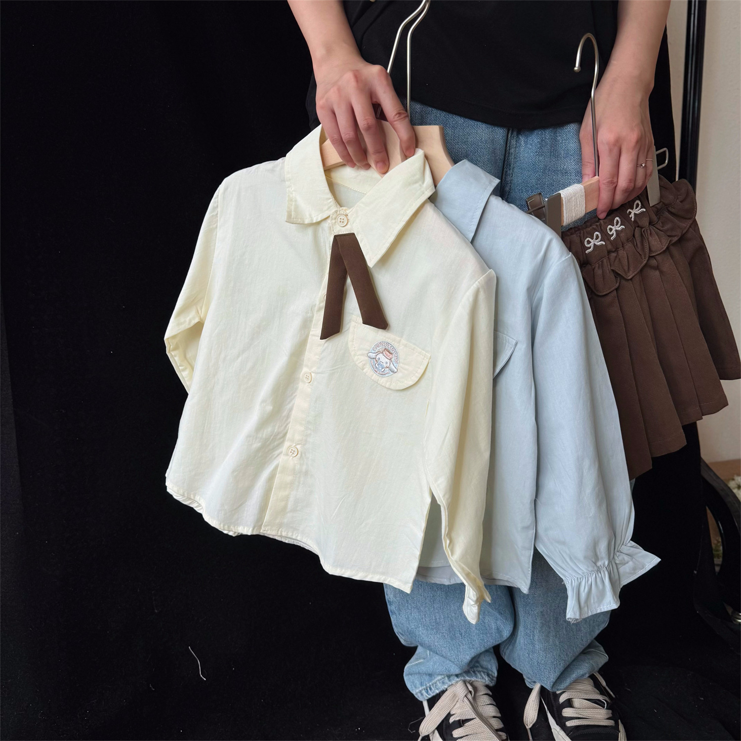 韩版儿童洋气长袖衬衫套装2025秋装女童休闲学院风JK百褶裙两件套