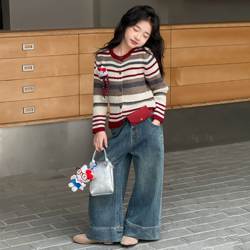 女童亲子装母女装洋气中大童百搭条纹开衫宽松牛仔裤子潮流两件套