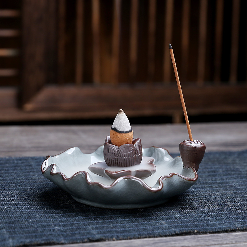 新款莲花花瓣方形倒流香炉哥窑塔香线香两用香座熏香插陶瓷香薰炉