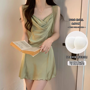 吊带睡裙女夏季 性感蕾丝荡领带胸垫网红纯欲风夏天冰丝绸绿色睡衣