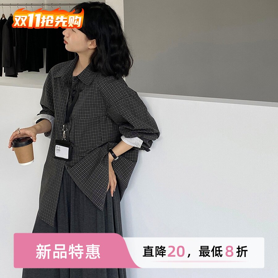 25秋季新款复古高级灰撞色格子纯棉女式衬衫长袖女款宽松衬衣开衫