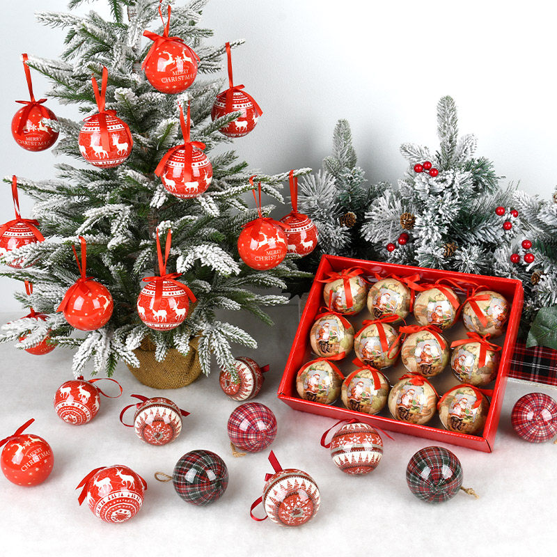 圣诞节装饰纸包球彩绘记忆球吊球圣诞树吊饰圆球挂件12个盒装8cm