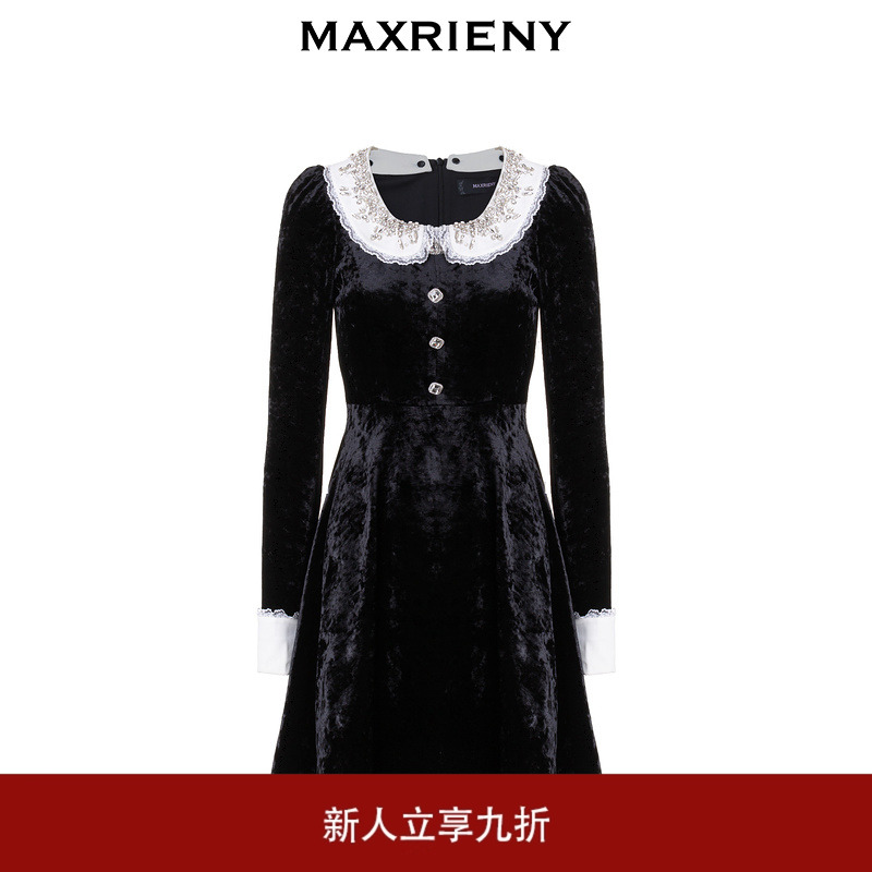 MAXRIENY精致赫本华丽复古风重工钉珠连衣裙丝绒裙子