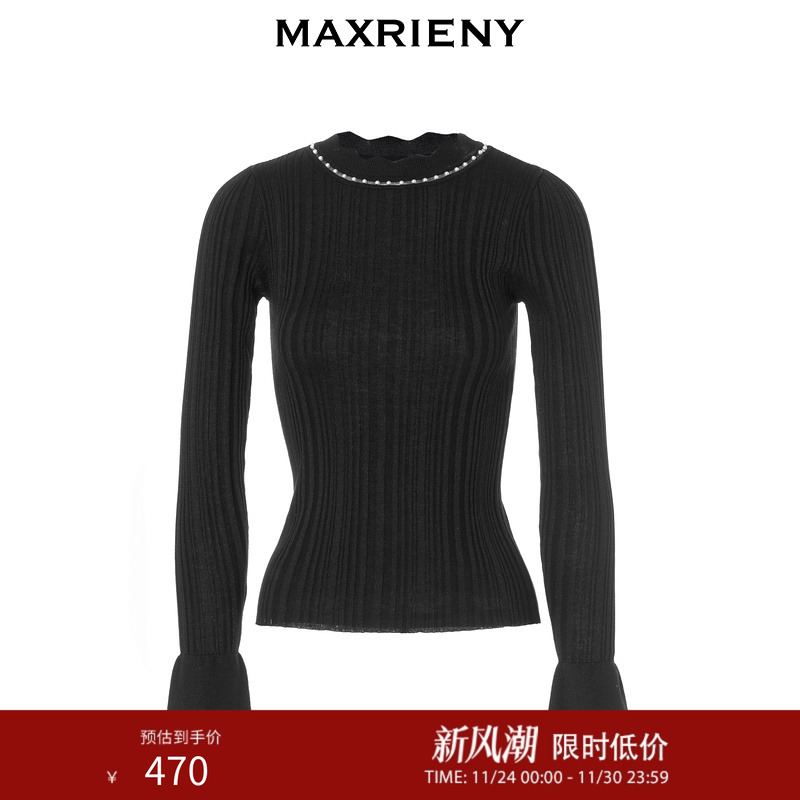 MAXRIENY极简复古感珍珠波浪领修身套头针织毛衫上衣