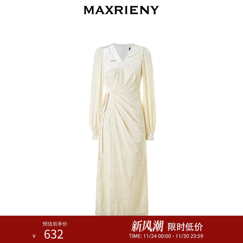 MAXRIENY法式复古连衣裙钻石绒围裹绑带松弛感裙子