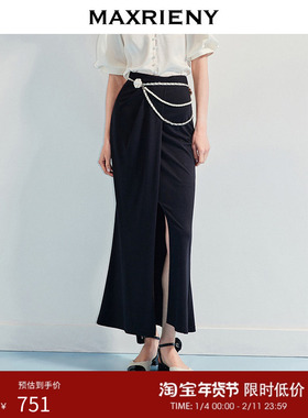 MAXRIENY法式复古抽褶半裙夏款精致优雅感黑色开叉高腰中长裙