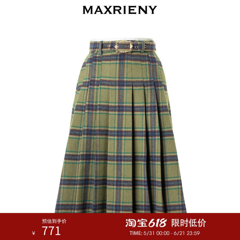 MAXRIENY复古学院风A摆中长格纹百褶半裙冬款羊毛裙