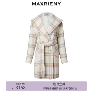 高级简约外套女中长款 MAXRIENY极简大衣紫格纹大翻领设计冬新款