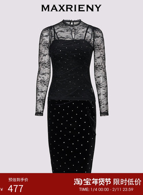 MAXRIENY黑色百搭复古浪漫波点泡泡袖连衣裙秋冬新款赫本风裙子