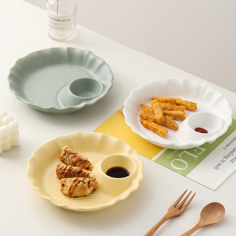 饺子盘带醋碟ins奶油黄陶瓷捞家用厚实带醋碟餐具水饺盘网红碟子