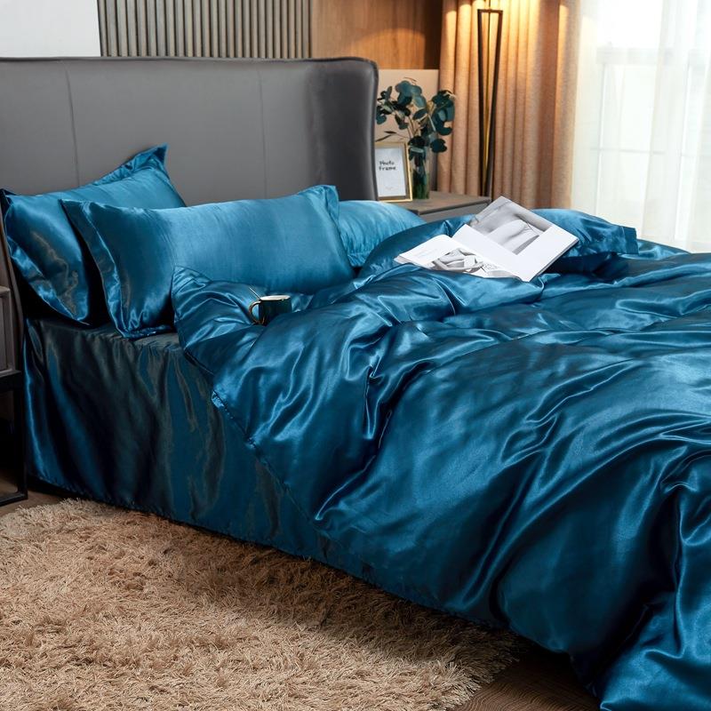 Satin Faux Silk Bedding Set Duvet Cover Bed Flat Sheet Set