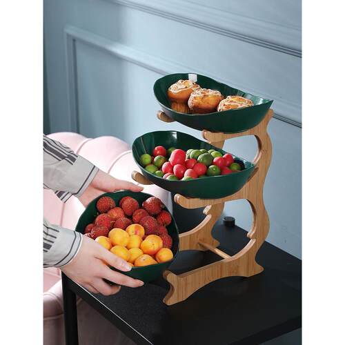 2/3 Tiers Plastic Fruit Plates With Wood Holder Oval Serving