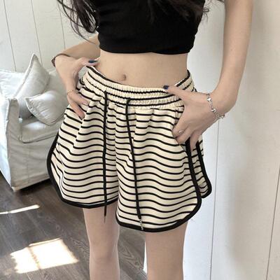 Solid color drawstring high waisted shorts抽绳条纹运动短裤女