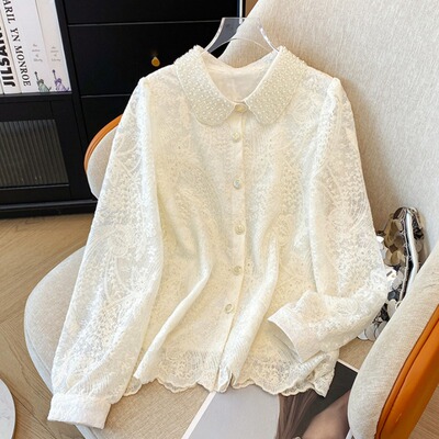 2026春季新款女装高级感穿搭重工钉珠蕾丝娃娃领上衣01301e