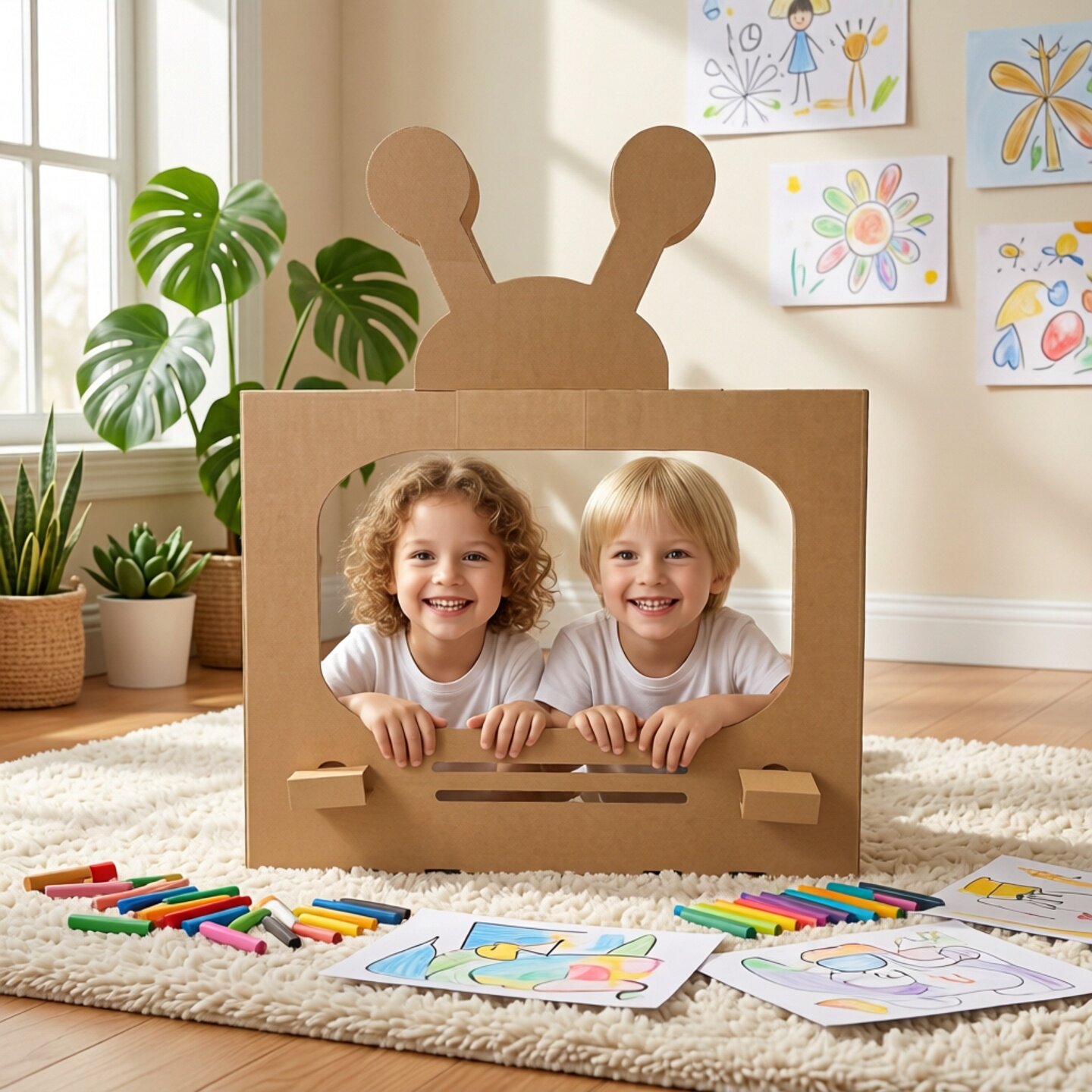 幼儿园娃娃家表演区游戏 立体拼装diy手工模型纸板双人电视机剧场