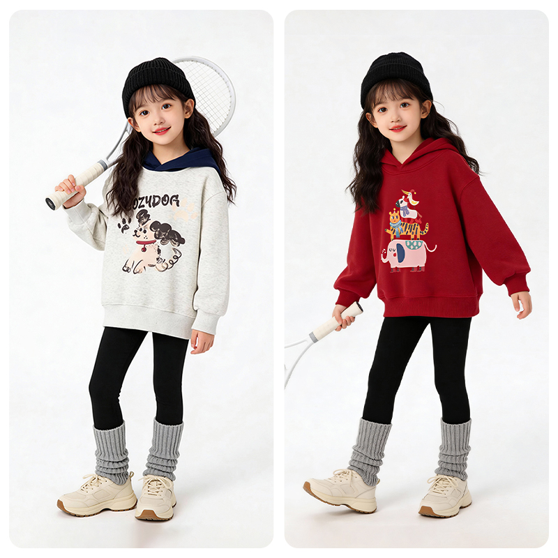 笛牧女童秋冬加绒卫衣新款一体绒加厚洋气儿童冬季中大童保暖上衣