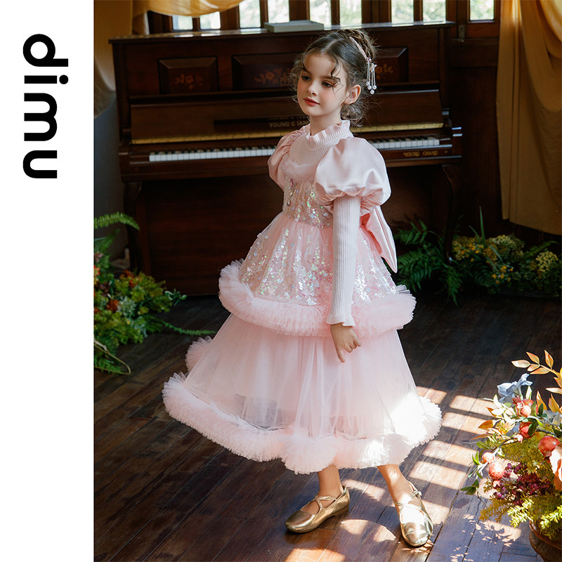 【笛牧官方】冬季毛衣连衣裙新款小女孩冬装公主裙中童超仙粉色群