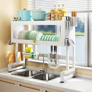 轻奢厨房水槽置物架台面碗盘纳收置功带柜门多物能碗碟架沥水架