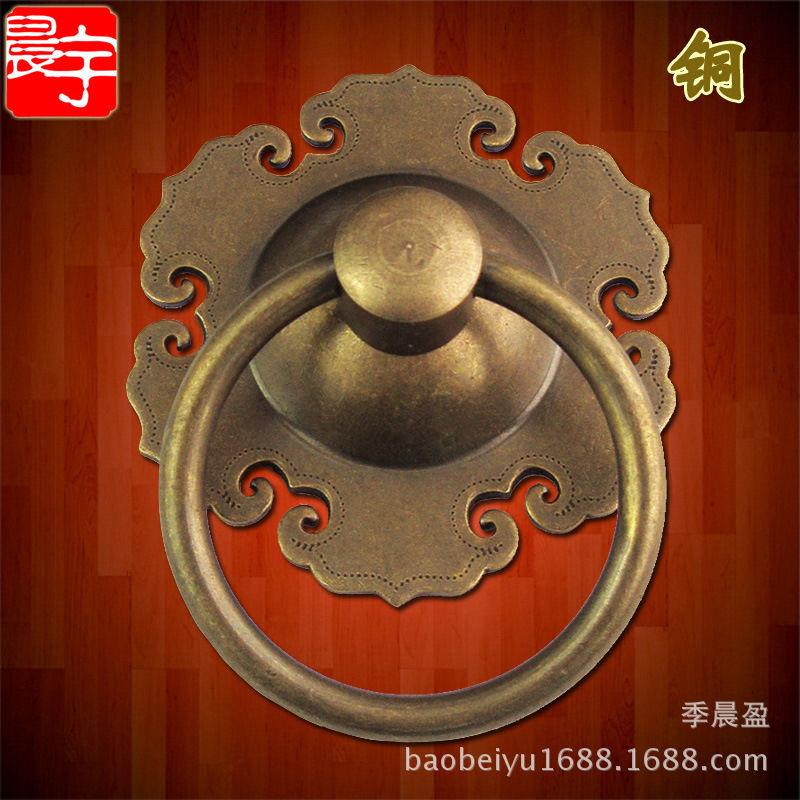六角门环大门拉手中式仿古纯铜狮子头花型拉环抽屉柜门把手复古
